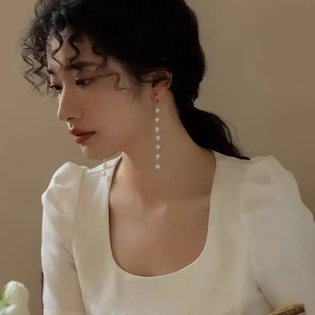 Pearl Tassel Earrings for Women Elegant Long Face Style