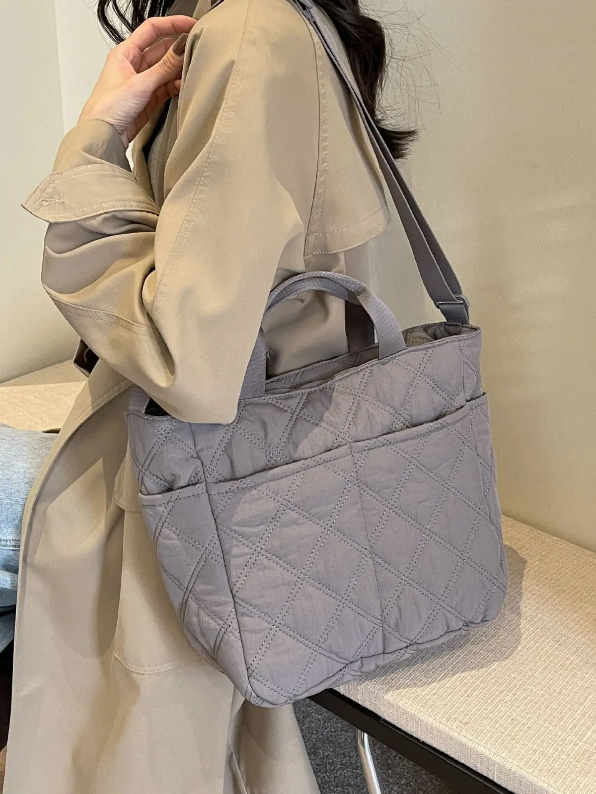 Black Rhombic Embroidery Shoulder Bag Large Capacity Nylon - Image 6