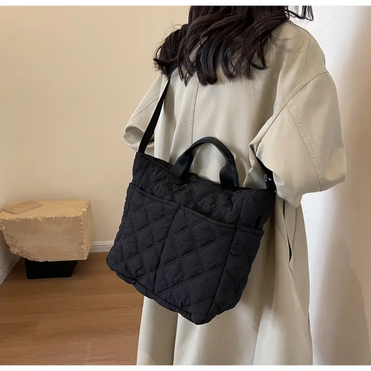 Black Rhombic Embroidery Shoulder Bag Large Capacity Nylon — feature 36