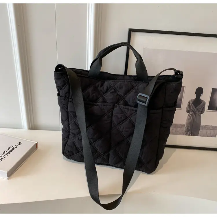 Black Rhombic Embroidery Shoulder Bag Large Capacity Nylon — feature 44