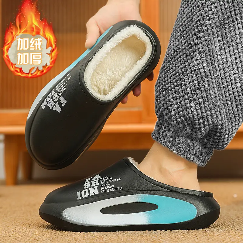 Men's Fleece Lined Warm Slippers Black Blue Winter - Image 2