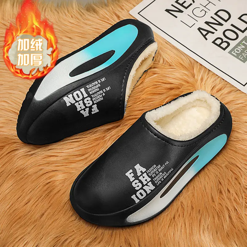 Men's Fleece Lined Warm Slippers Black Blue Winter - Image 4