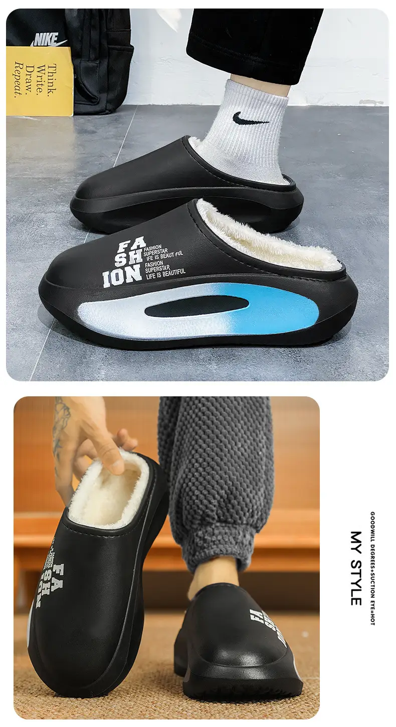 Men's Fleece Lined Warm Slippers Black Blue Winter — feature 10