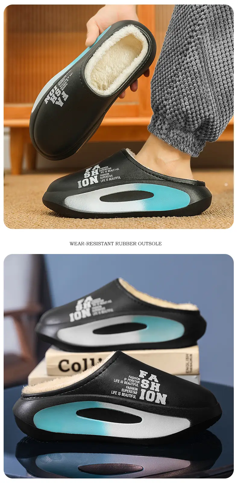 Men's Fleece Lined Warm Slippers Black Blue Winter — feature 11