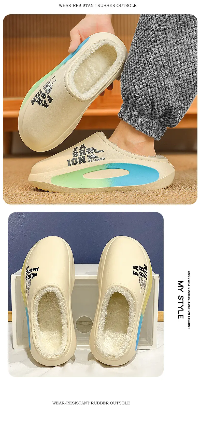 Men's Fleece Lined Warm Slippers Black Blue Winter — feature 16