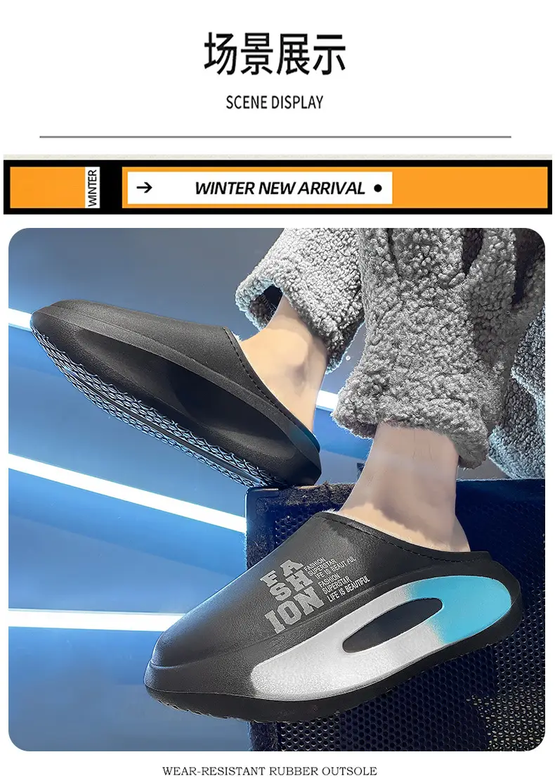Men's Fleece Lined Warm Slippers Black Blue Winter — feature 9