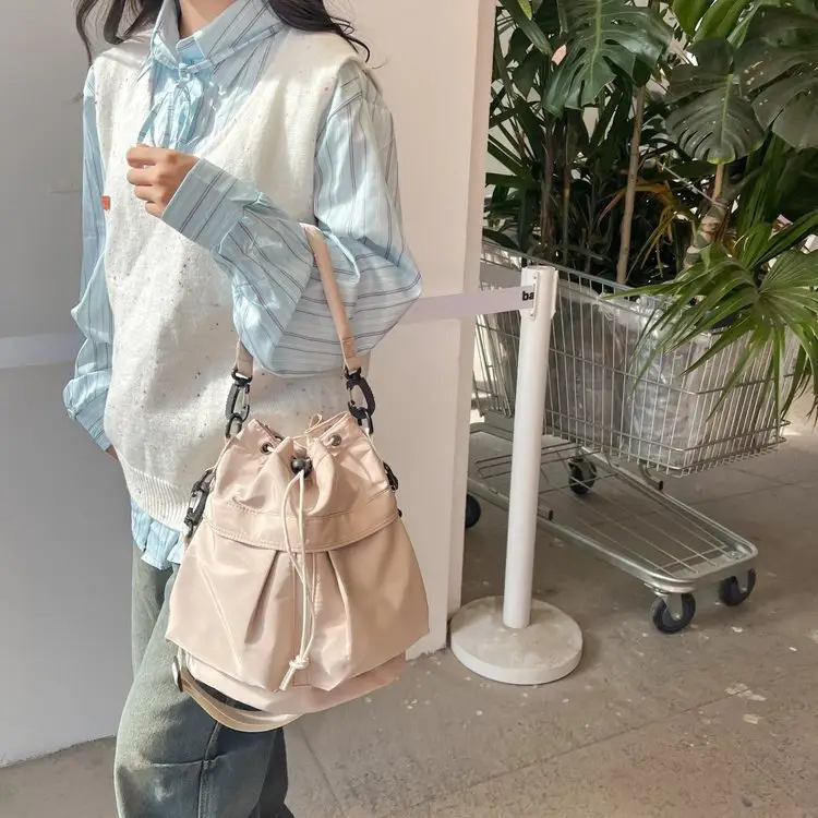 White Drawstring Bucket Bag for Women - Image 9