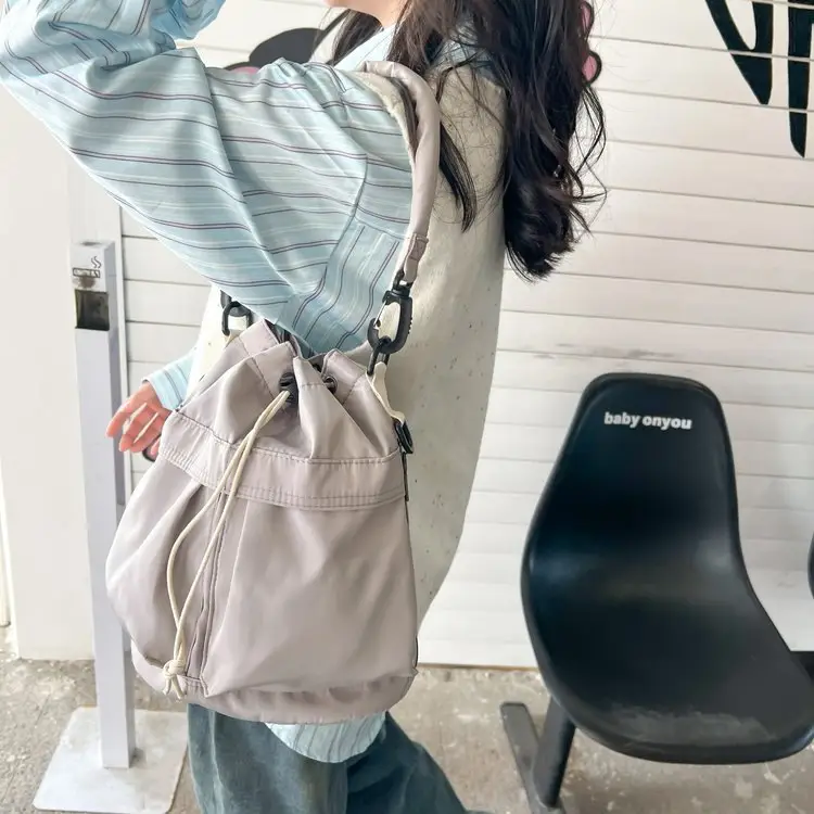 White Drawstring Bucket Bag for Women - Image 10