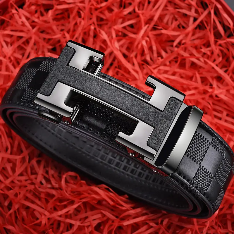 Men's Black Leather Belt with Silver H Buckle