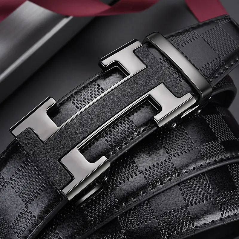 Men's Black Leather Belt with Silver H Buckle