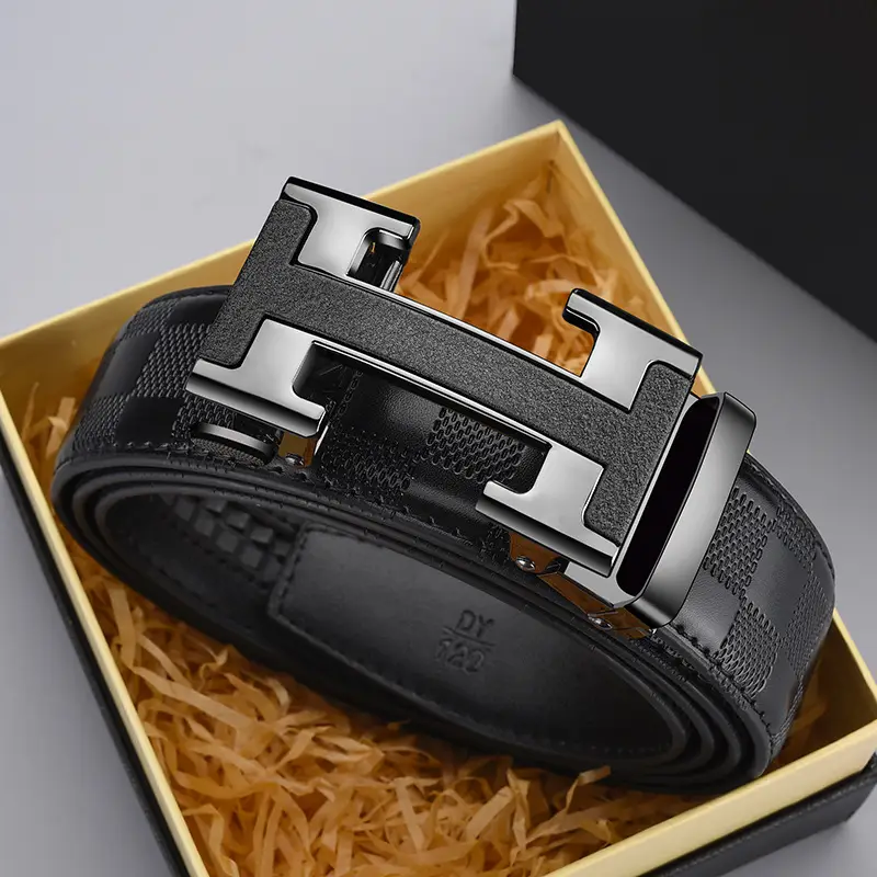Men's Black Leather Belt with Silver H Buckle