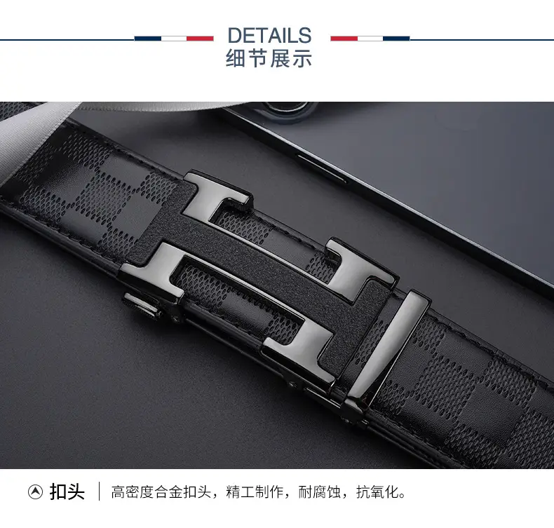 Men's Black Leather Belt with Silver H Buckle — feature 12