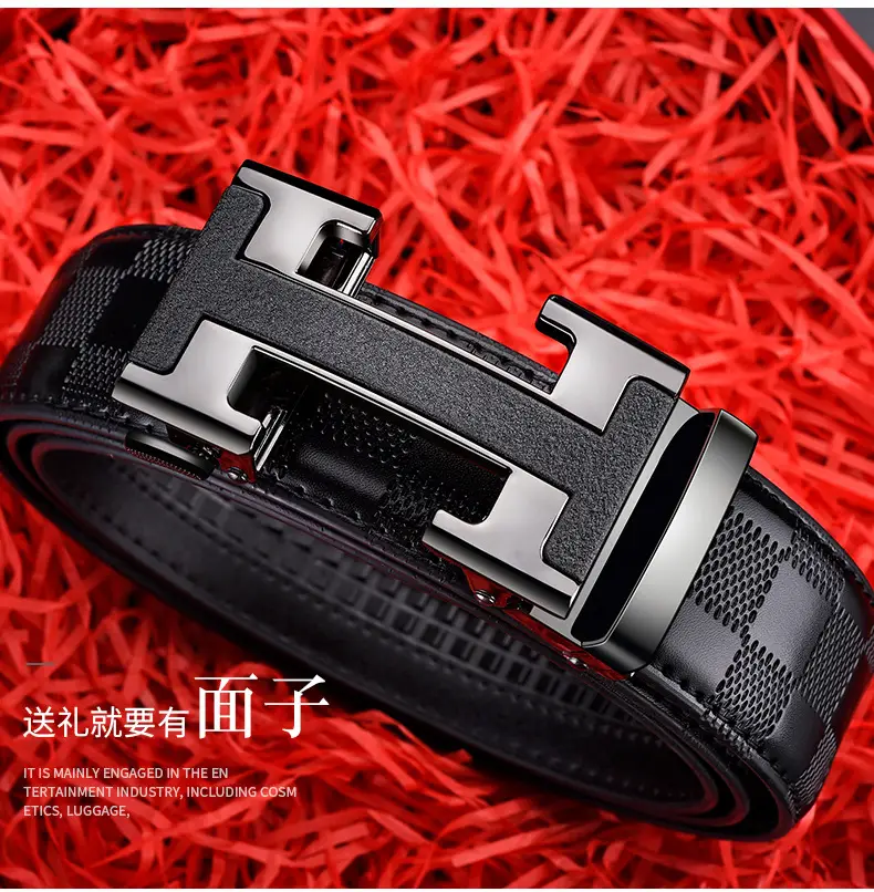 Men's Black Leather Belt with Silver H Buckle — feature 2