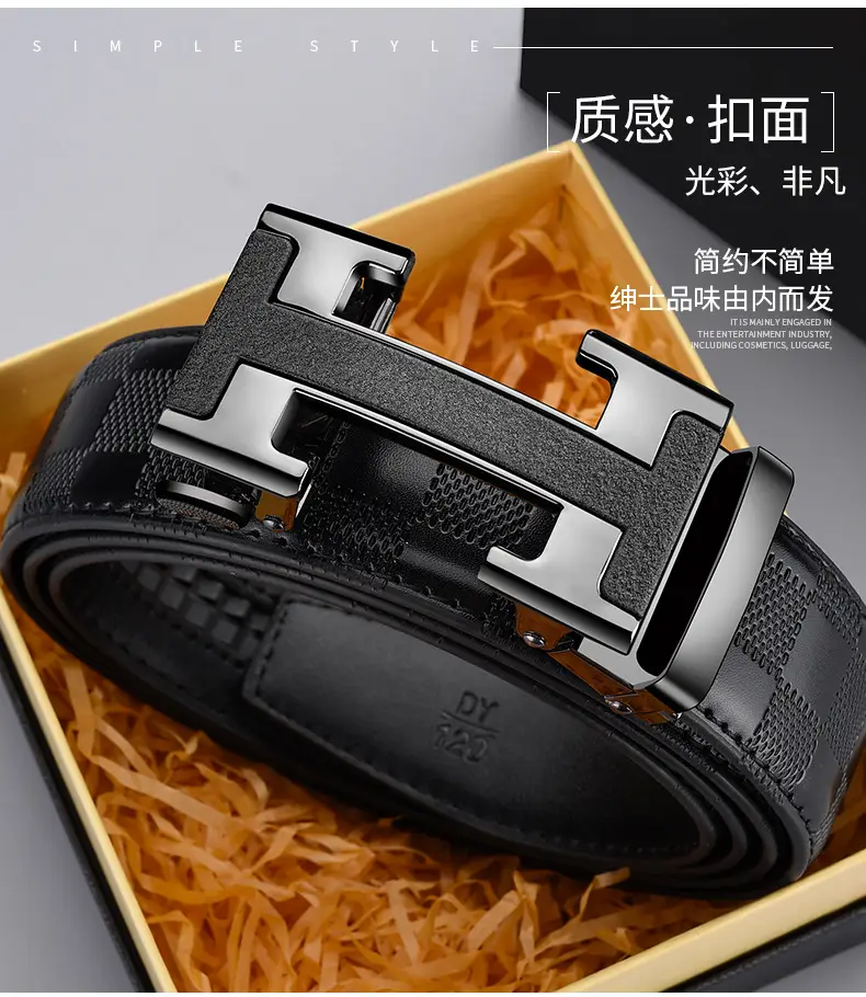 Men's Black Leather Belt with Silver H Buckle — feature 3