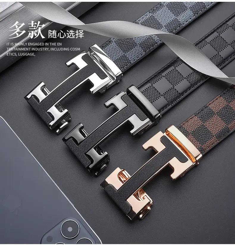 Men's Black Leather Belt with Silver H Buckle — feature 6
