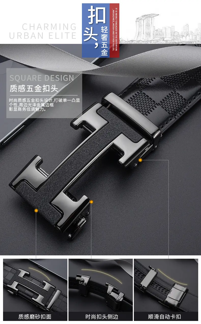 Men's Black Leather Belt with Silver H Buckle — feature 7
