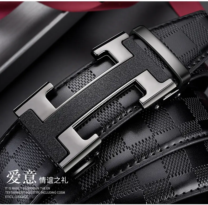 Men's Black Leather Belt with Silver H Buckle — feature 9