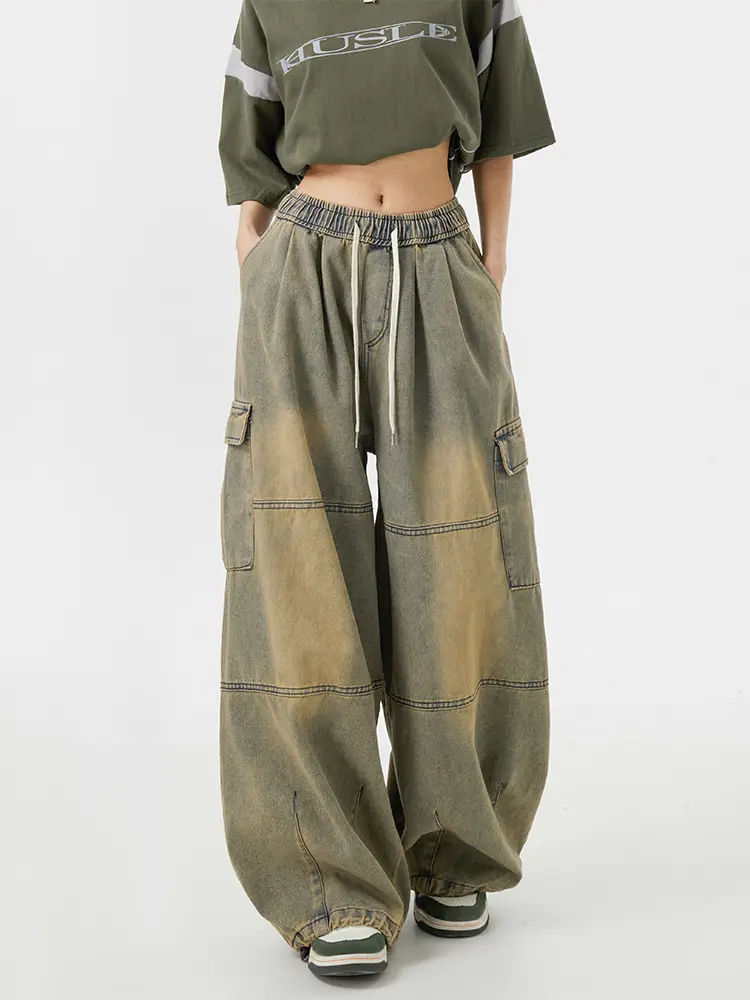 Vintage Yellow Mud Wide Leg Jeans American Style