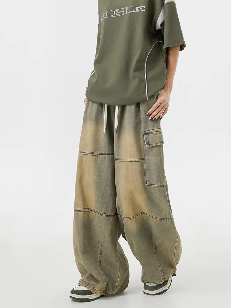 Vintage Yellow Mud Wide Leg Jeans American Style