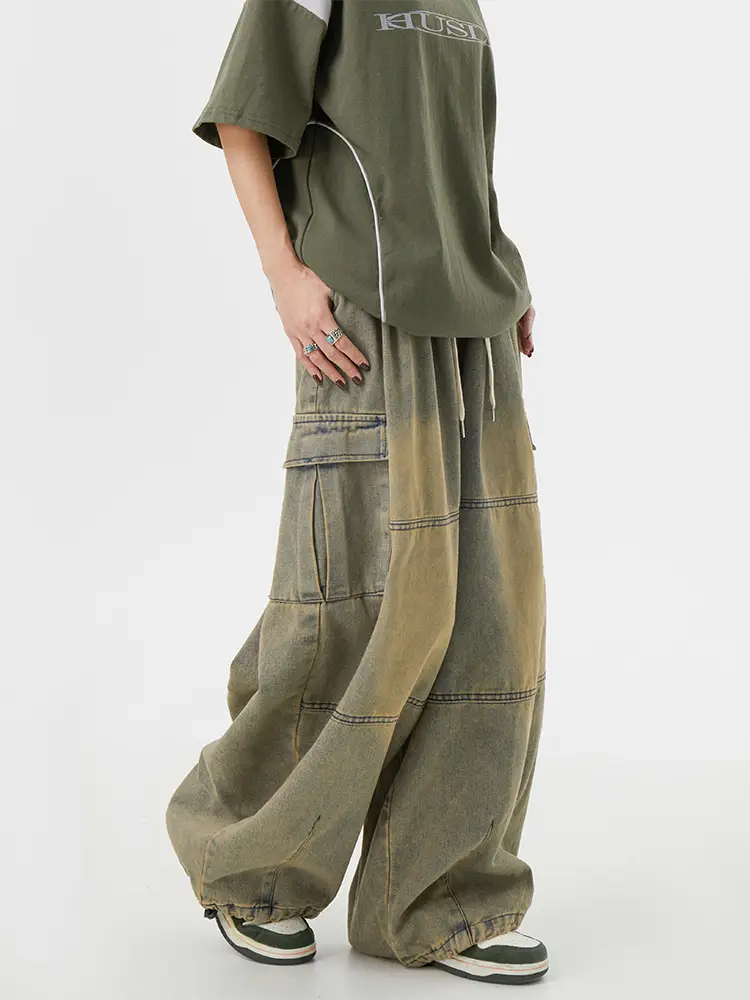Vintage Yellow Mud Wide Leg Jeans American Style