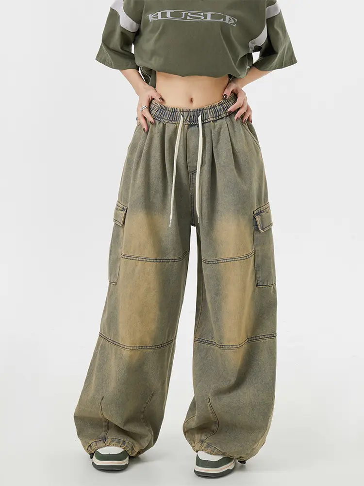 Vintage Yellow Mud Wide Leg Jeans American Style