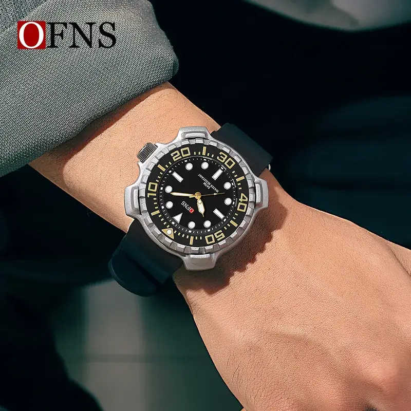 Ofns Men's Black Silicone Quartz Watch with 100m Waterproof Design