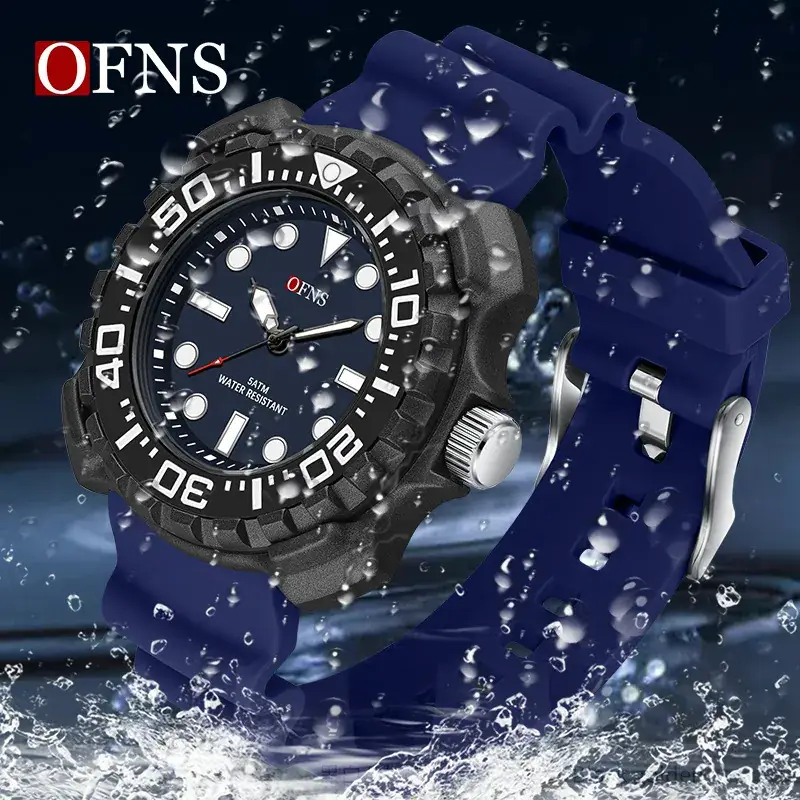 Ofns Men's Black Silicone Quartz Watch with 100m Waterproof Design