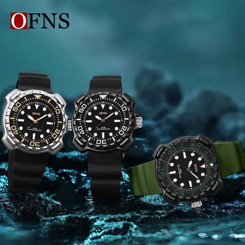 Ofns Men's Black Silicone Quartz Watch with 100m Waterproof Design