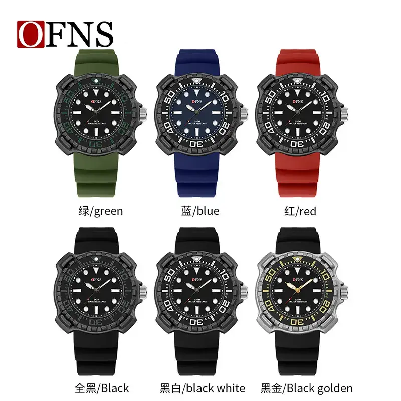 Ofns Men's Black Silicone Quartz Watch with 100m Waterproof Design