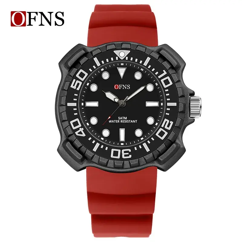 Ofns Men's Black Silicone Quartz Watch with 100m Waterproof Design