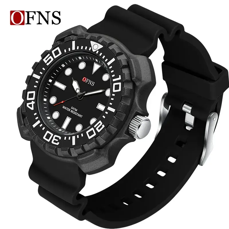Ofns Men's Black Silicone Quartz Watch with 100m Waterproof Design