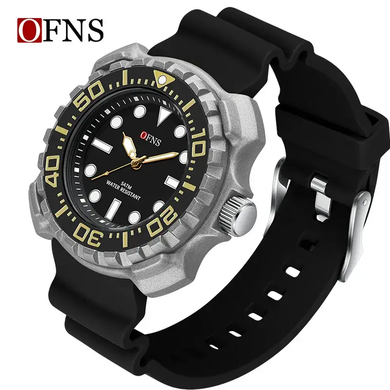 Ofns Men's Black Silicone Quartz Watch with 100m Waterproof Design