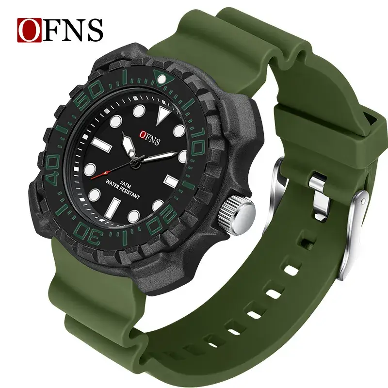 Ofns Men's Black Silicone Quartz Watch with 100m Waterproof Design