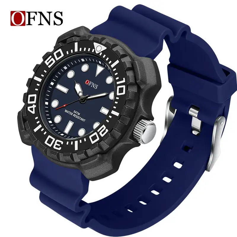 Ofns Men's Black Silicone Quartz Watch with 100m Waterproof Design