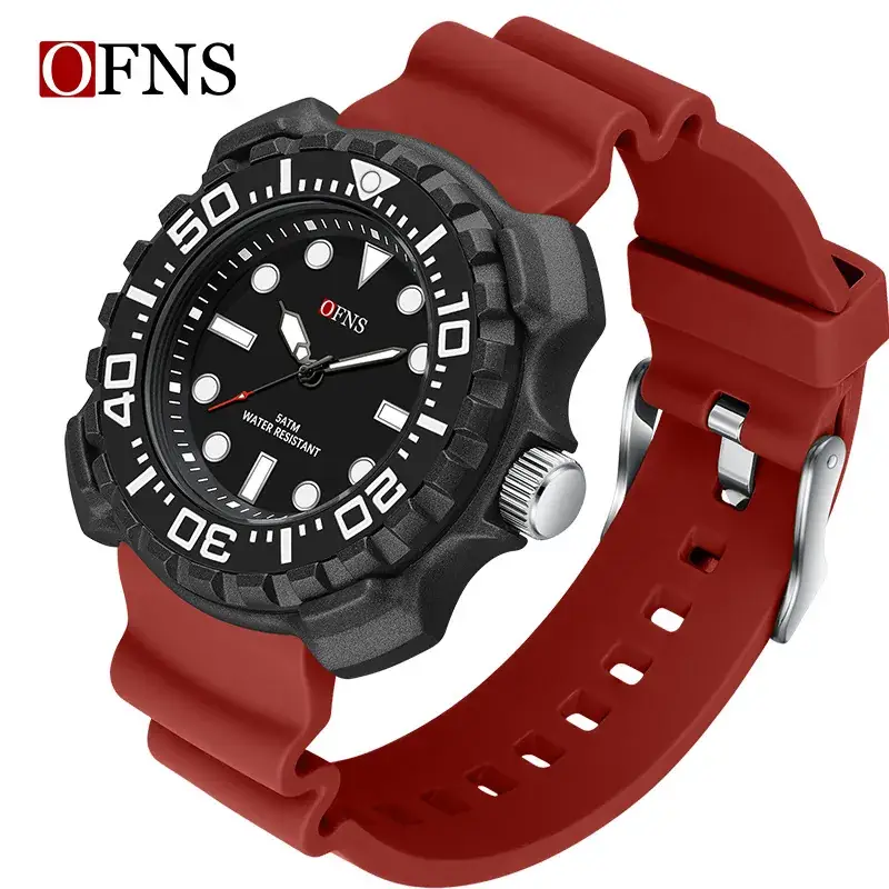 Ofns Men's Black Silicone Quartz Watch with 100m Waterproof Design