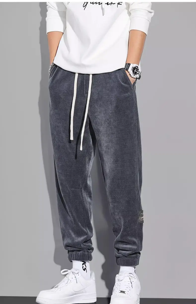 Men's Grey Chenille Loose Straight Trousers Wide Leg — feature 14