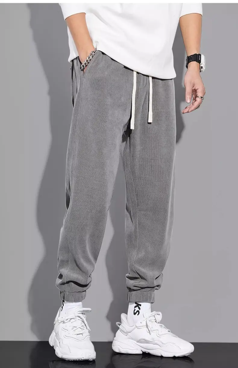 Men's Grey Chenille Loose Straight Trousers Wide Leg — feature 33