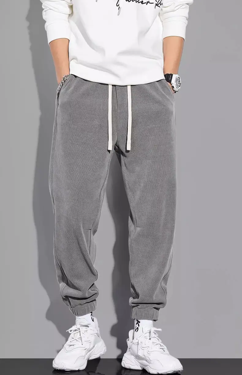 Men's Grey Chenille Loose Straight Trousers Wide Leg — feature 38