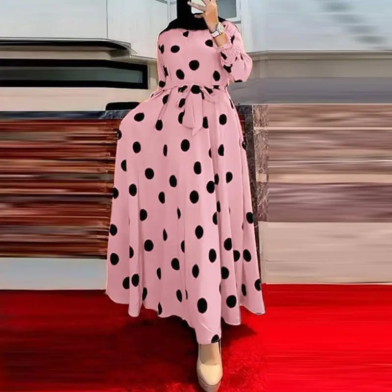 2026 Amazon Aliexpress Polka Dot Women's Long Sleeve Loose Flared Dress Ethnic Style Dress