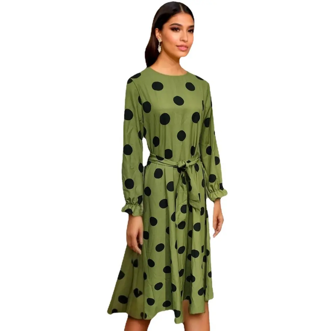 2026 Amazon Aliexpress Polka Dot Women's Long Sleeve Loose Flared Dress Ethnic Style Dress