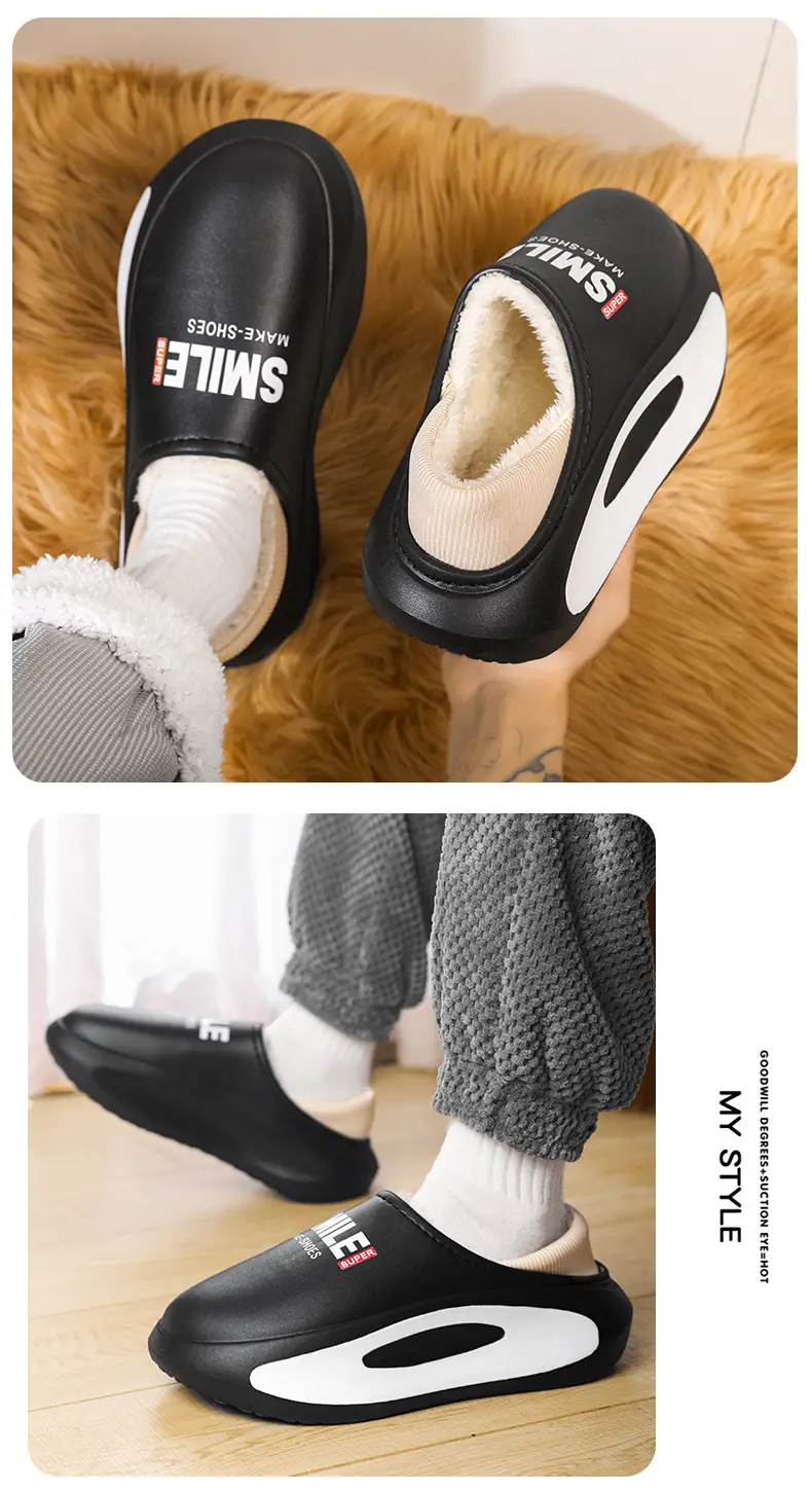 Cotton Slippers Men's Winter Indoor Household fleece-lined Warm Waterproof Couple's Cotton Slippers Bag with Shit-feeling Shit Slippers — feature 10