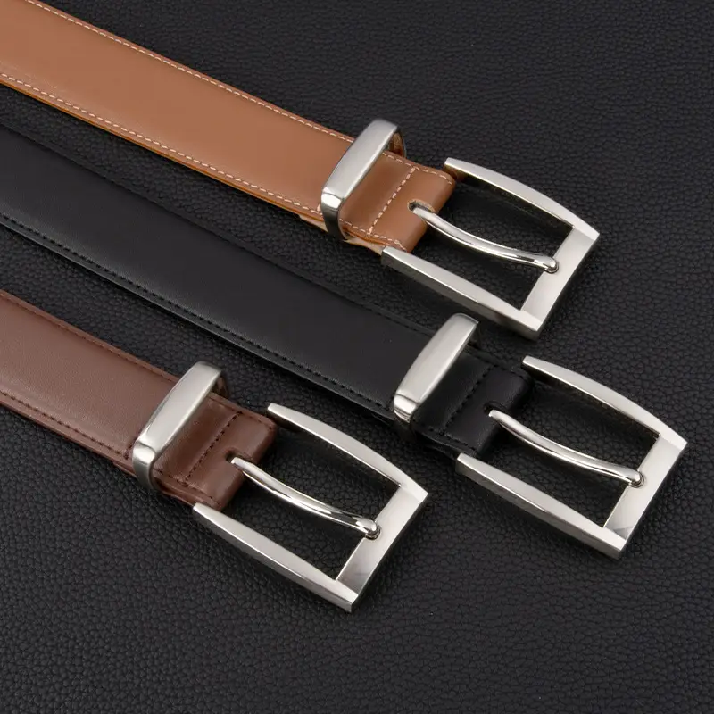 Men's Black Leather Buckle Belt with Silver Plated Hardware