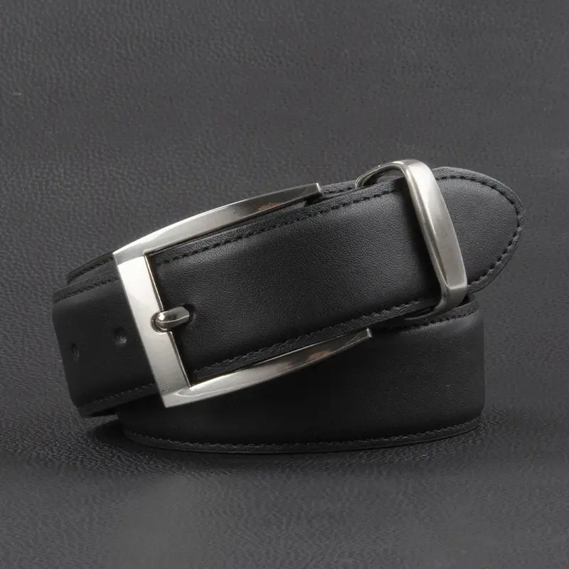 Men's Black Leather Buckle Belt with Silver Plated Hardware