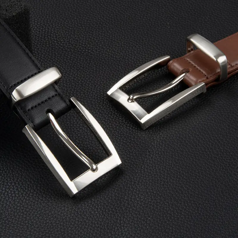 Men's Black Leather Buckle Belt with Silver Plated Hardware
