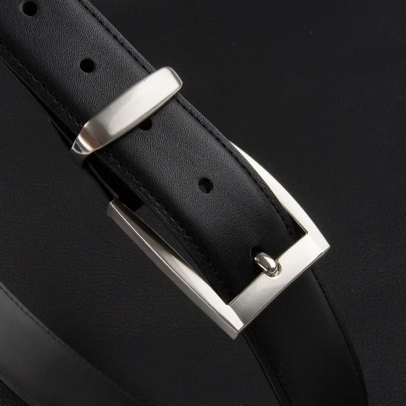 Men's Black Leather Buckle Belt with Silver Plated Hardware