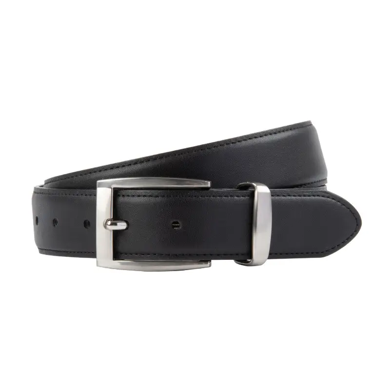 Men's Black Leather Buckle Belt with Silver Plated Hardware