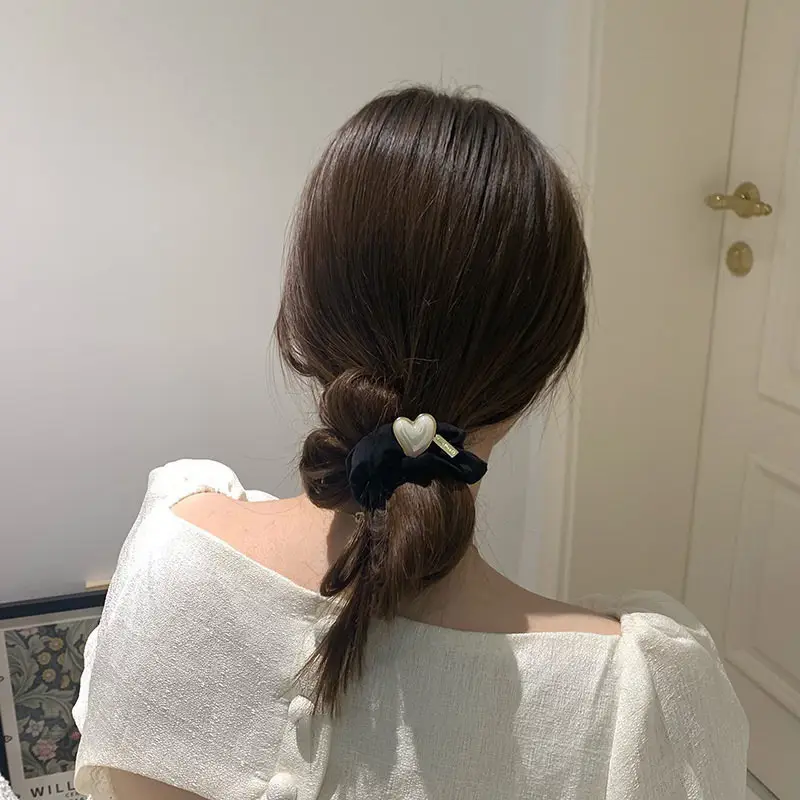 Black Heart Pearl Hair Scrunchie with Gold Plated Design - Image 4