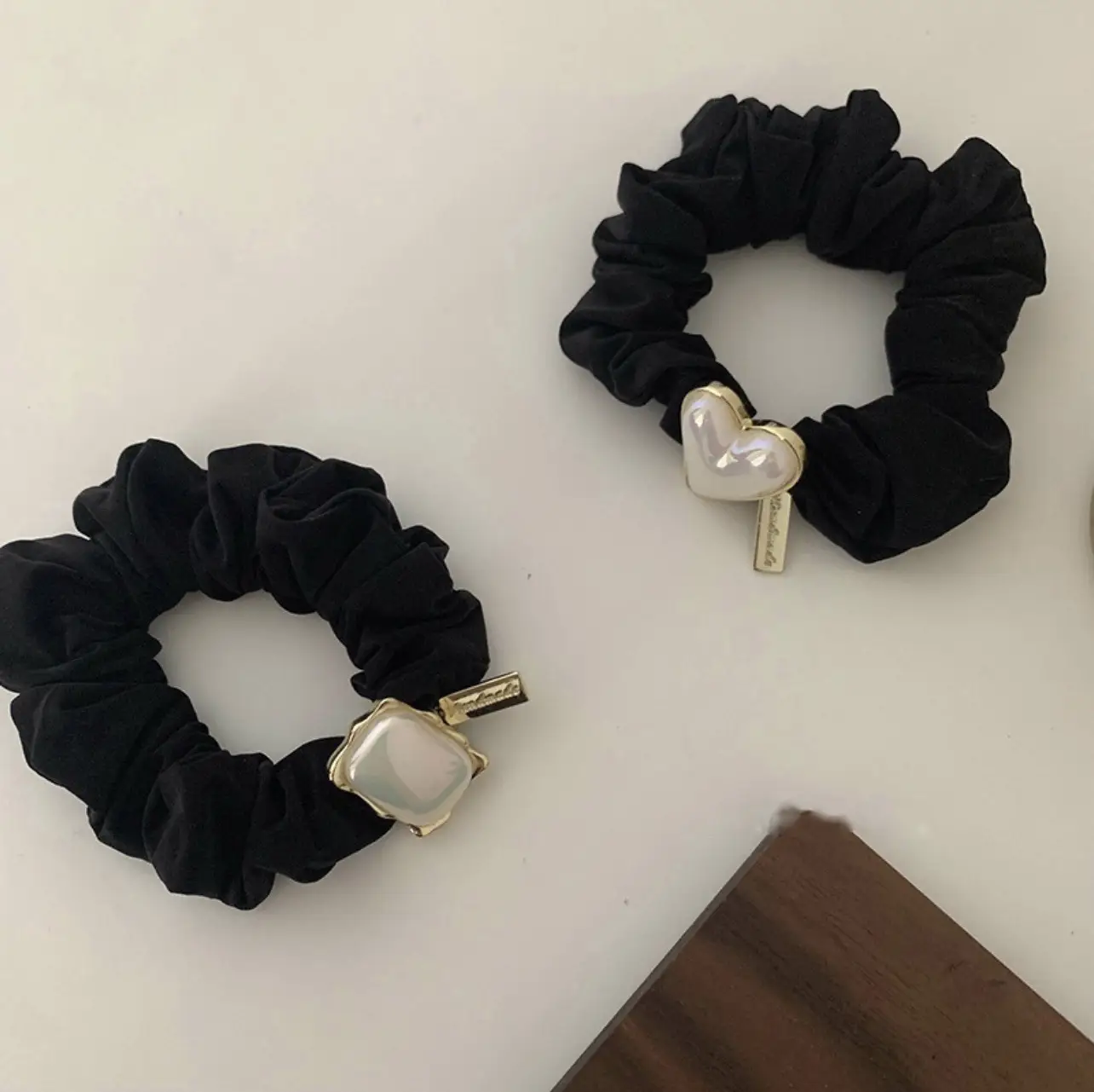 Black Heart Pearl Hair Scrunchie with Gold Plated Design - Image 5