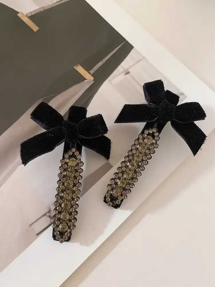 Velvet Bow Hairpins 2 Pack Gray Rhinestone Clip Side — feature 34