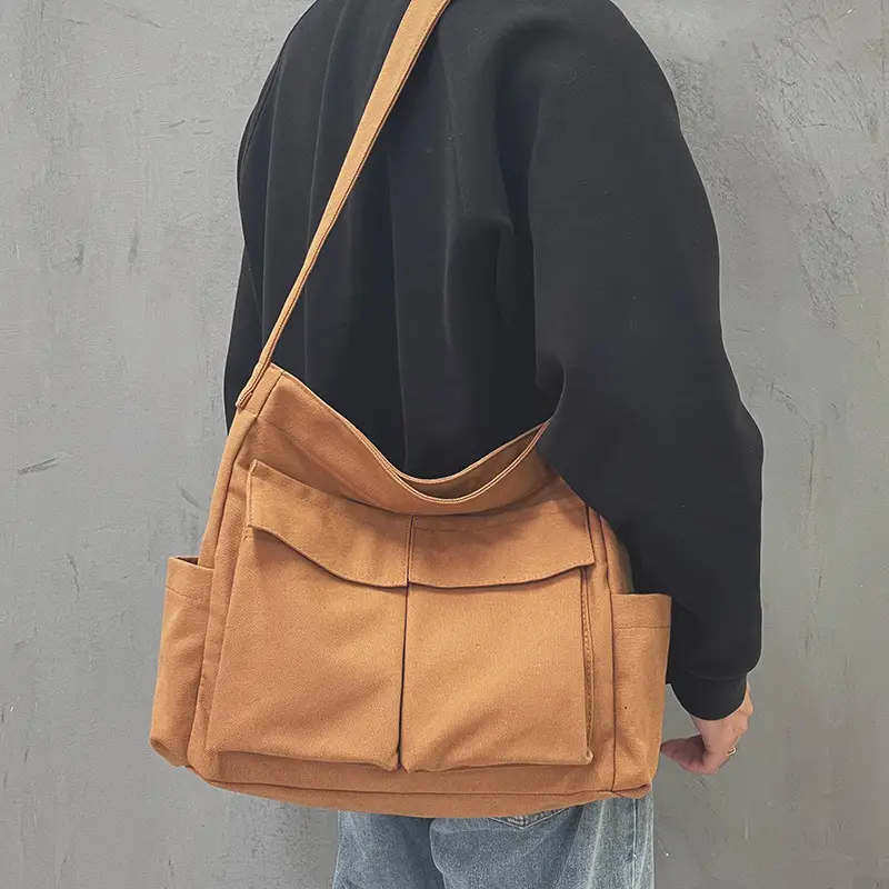 Ins Canvas Crossbody Bag for Men Women Large Capacity Tan - Image 5